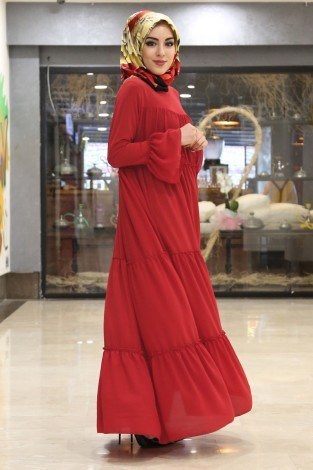 Krep Fırfırlı Elbise 3085-6 Kırmızı - Thumbnail
