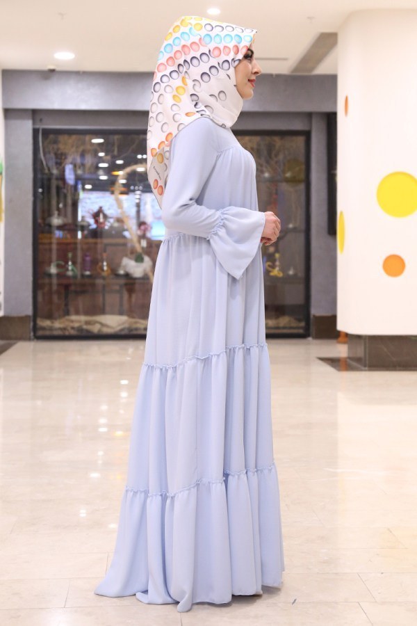 Krep Fırfırlı Elbise 3085-9 Bebe Mavisi