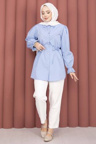 Fisto Detaylı Bağcıklı Gömlek Bebe Mavisi - Thumbnail