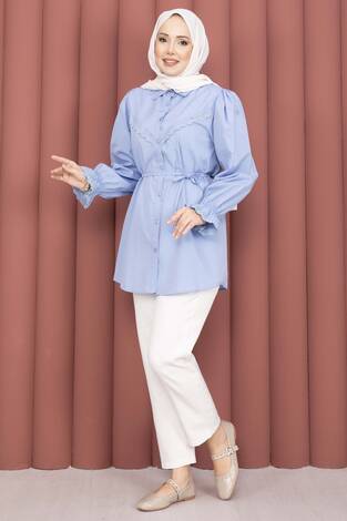 Fisto Detaylı Bağcıklı Gömlek Bebe Mavisi - Thumbnail