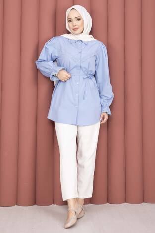 Fisto Detaylı Bağcıklı Gömlek Bebe Mavisi - Thumbnail