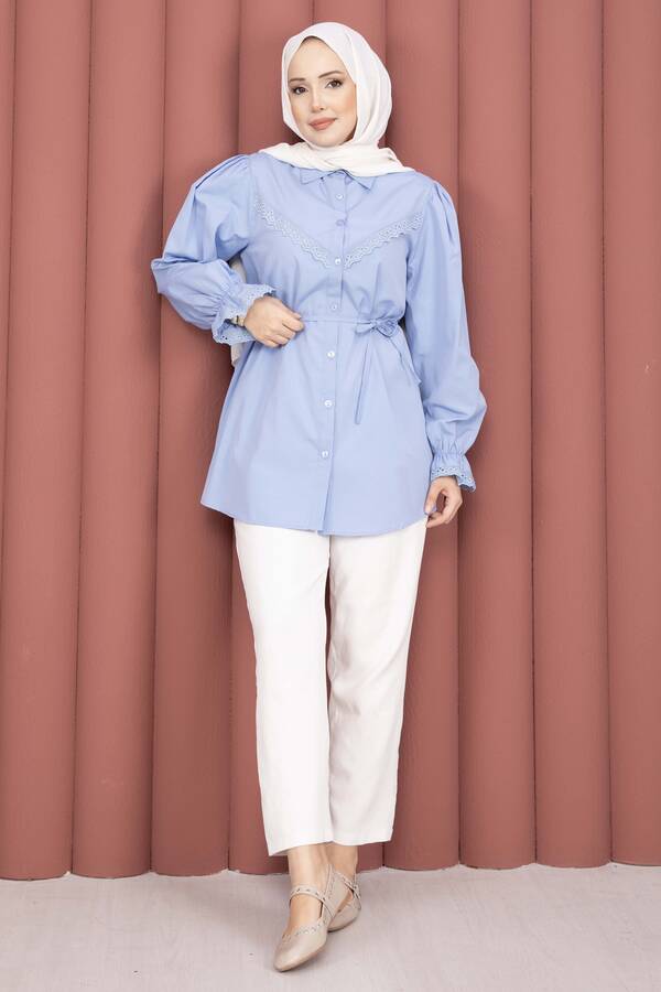 Asm - Fisto Detaylı Bağcıklı Gömlek Bebe Mavisi