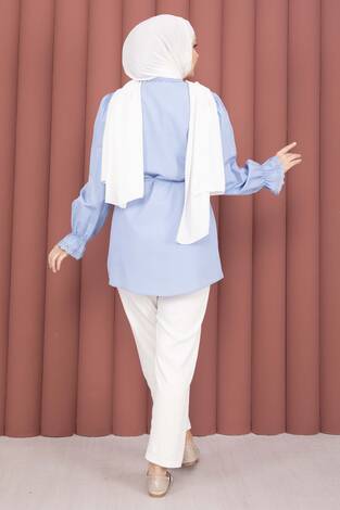 Fisto Detaylı Bağcıklı Gömlek Bebe Mavisi - Thumbnail