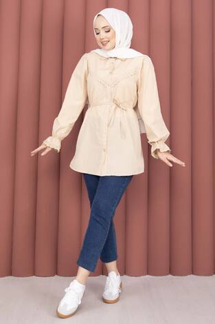 Fisto Detaylı Bağcıklı Gömlek Bej