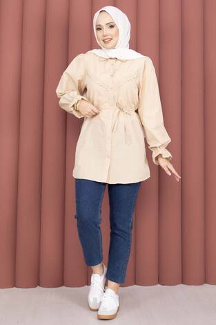 Fisto Detaylı Bağcıklı Gömlek Bej - Thumbnail