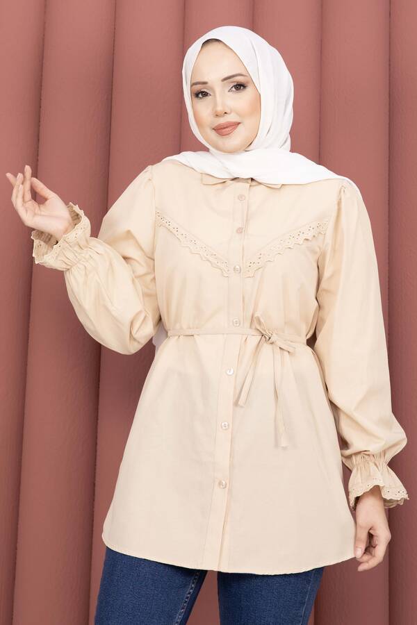 Asm - Fisto Detaylı Bağcıklı Gömlek Bej (1)