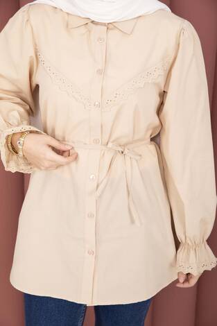 Fisto Detaylı Bağcıklı Gömlek Bej - Thumbnail