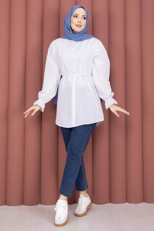 Fisto Detaylı Bağcıklı Gömlek Beyaz - Thumbnail