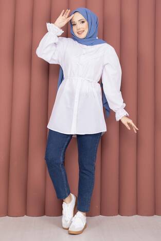 Fisto Detaylı Bağcıklı Gömlek Beyaz - Thumbnail