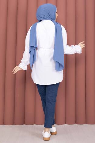 Fisto Detaylı Bağcıklı Gömlek Beyaz - Thumbnail