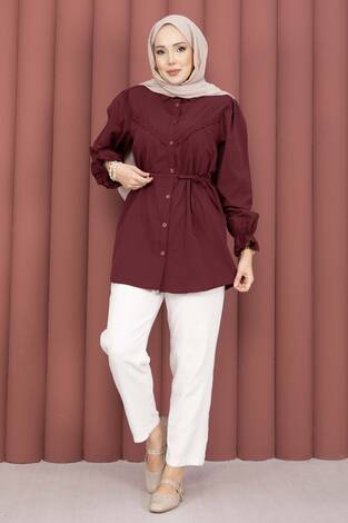 Fisto Detaylı Bağcıklı Gömlek Bordo - Thumbnail