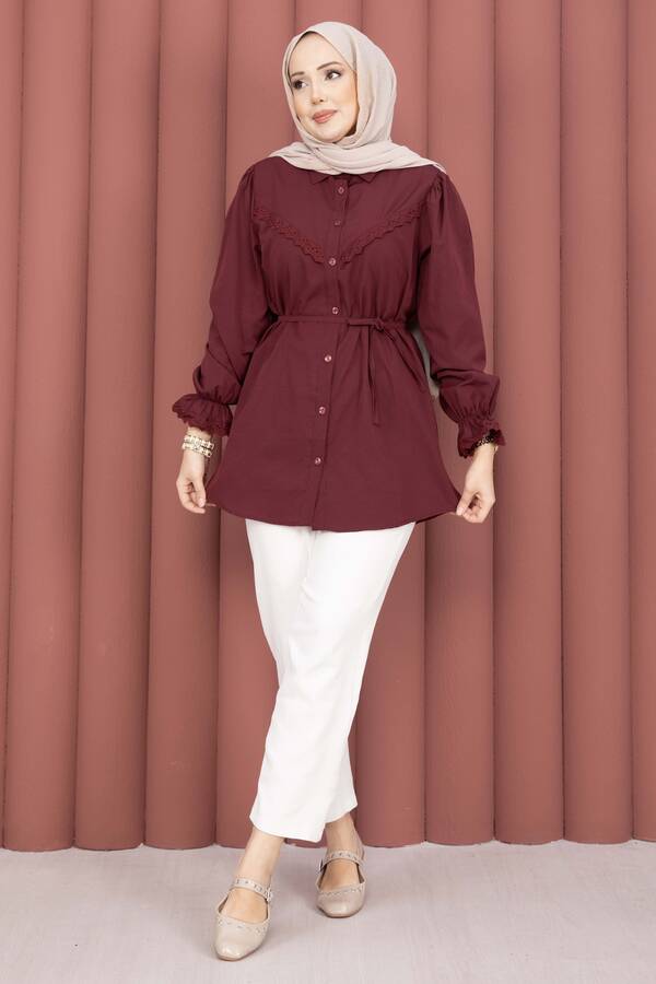 Asm - Fisto Detaylı Bağcıklı Gömlek Bordo