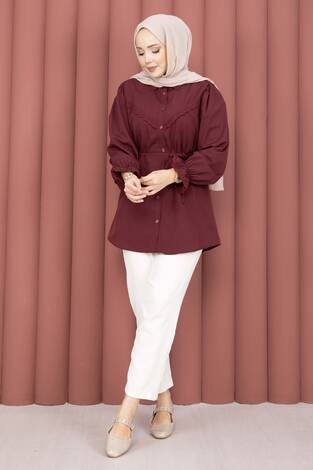 Fisto Detaylı Bağcıklı Gömlek Bordo - Thumbnail