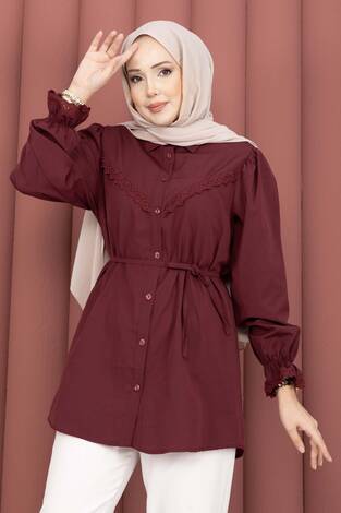 Fisto Detaylı Bağcıklı Gömlek Bordo - Thumbnail