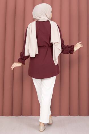 Fisto Detaylı Bağcıklı Gömlek Bordo - Thumbnail