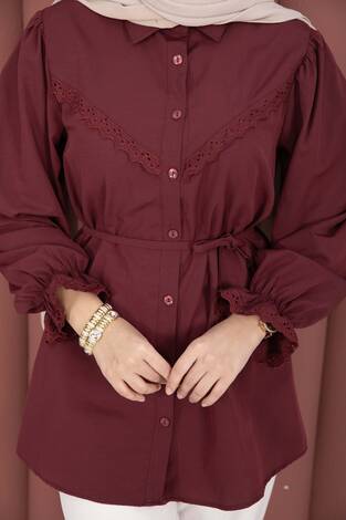 Fisto Detaylı Bağcıklı Gömlek Bordo - Thumbnail