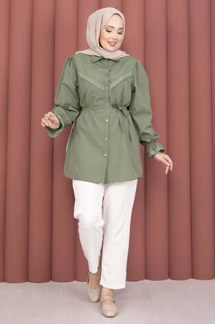 Fisto Detaylı Bağcıklı Gömlek Haki - Thumbnail