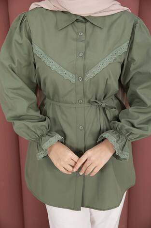 Fisto Detaylı Bağcıklı Gömlek Haki - Thumbnail