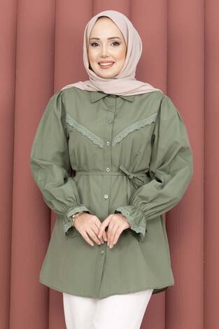 Fisto Detaylı Bağcıklı Gömlek Haki - Thumbnail