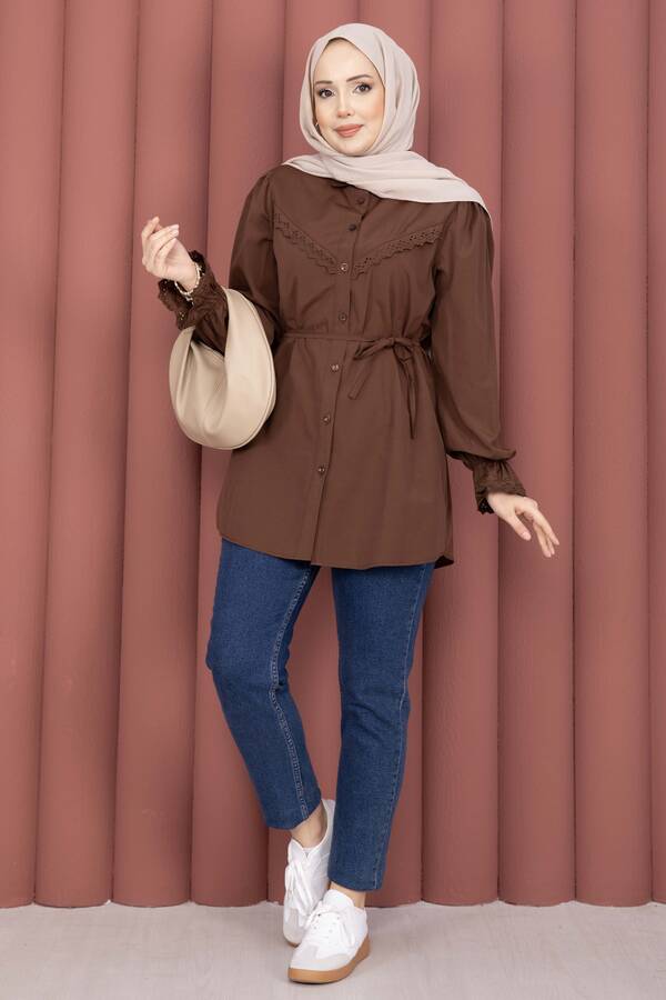 Asm - Fisto Detaylı Bağcıklı Gömlek Kahve