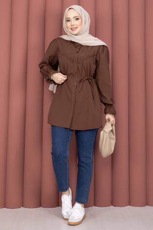 Fisto Detaylı Bağcıklı Gömlek Kahve - Thumbnail