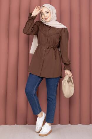 Fisto Detaylı Bağcıklı Gömlek Kahve - Thumbnail