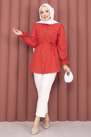 Fisto Detaylı Bağcıklı Gömlek Kırmızı - Thumbnail