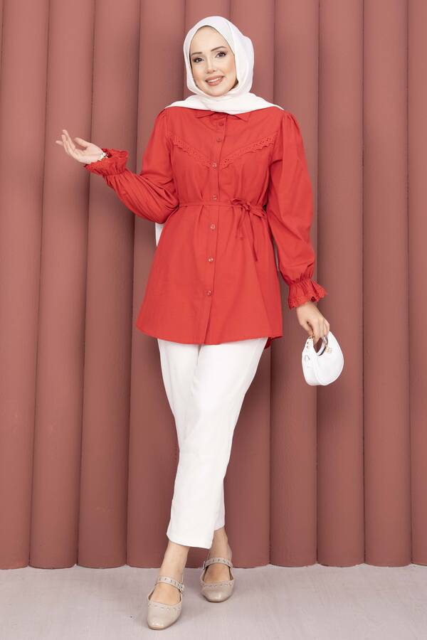Asm - Fisto Detaylı Bağcıklı Gömlek Kırmızı