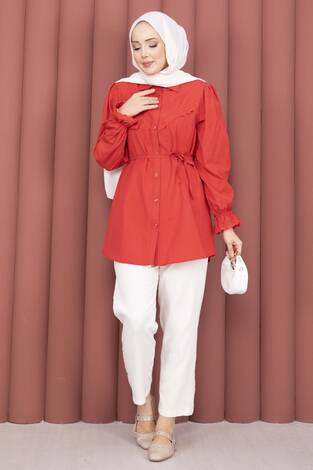 Fisto Detaylı Bağcıklı Gömlek Kırmızı - Thumbnail