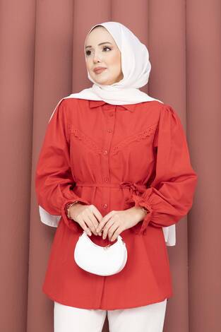 Fisto Detaylı Bağcıklı Gömlek Kırmızı - Thumbnail
