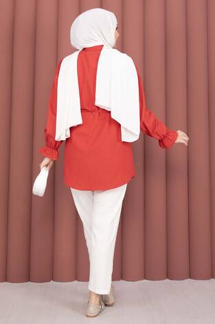 Fisto Detaylı Bağcıklı Gömlek Kırmızı - Thumbnail