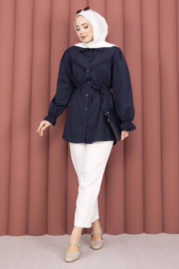 Asm - Fisto Detaylı Bağcıklı Gömlek Lacivert