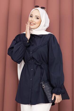 Fisto Detaylı Bağcıklı Gömlek Lacivert - Thumbnail