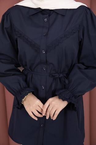 Fisto Detaylı Bağcıklı Gömlek Lacivert - Thumbnail