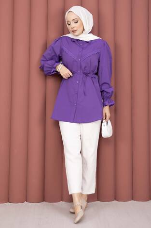 Fisto Detaylı Bağcıklı Gömlek Lila - Thumbnail