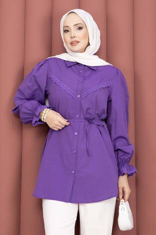 Fisto Detaylı Bağcıklı Gömlek Lila - Thumbnail