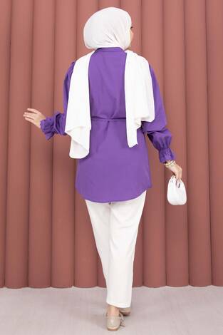 Fisto Detaylı Bağcıklı Gömlek Lila - Thumbnail