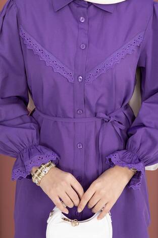 Fisto Detaylı Bağcıklı Gömlek Lila - Thumbnail