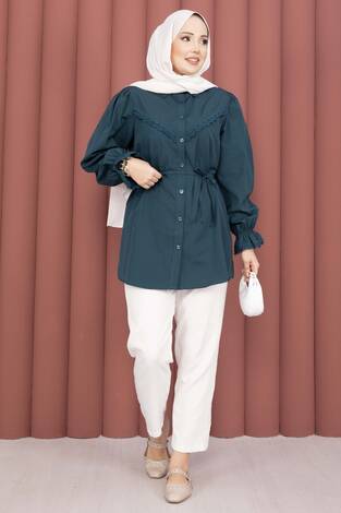 Fisto Detaylı Bağcıklı Gömlek Petrol - Thumbnail