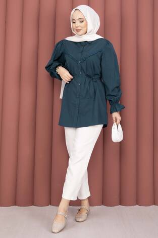 Fisto Detaylı Bağcıklı Gömlek Petrol - Thumbnail