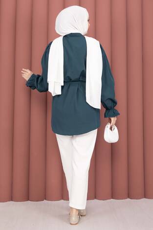 Fisto Detaylı Bağcıklı Gömlek Petrol - Thumbnail