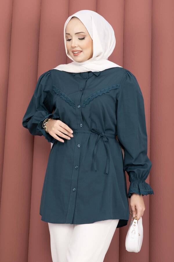 Asm - Fisto Detaylı Bağcıklı Gömlek Petrol (1)