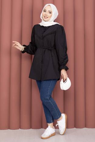 Fisto Detaylı Bağcıklı Gömlek Siyah - Thumbnail