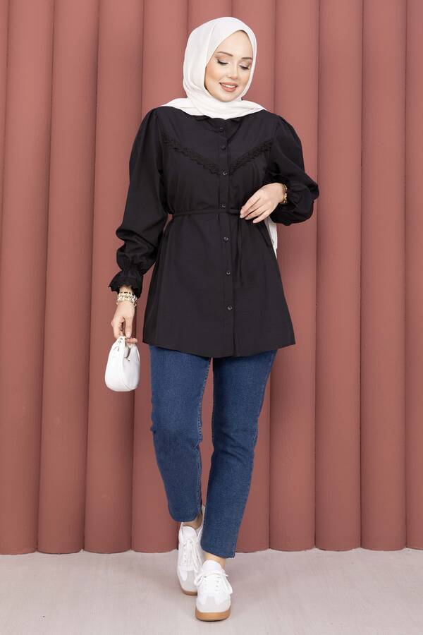 Asm - Fisto Detaylı Bağcıklı Gömlek Siyah