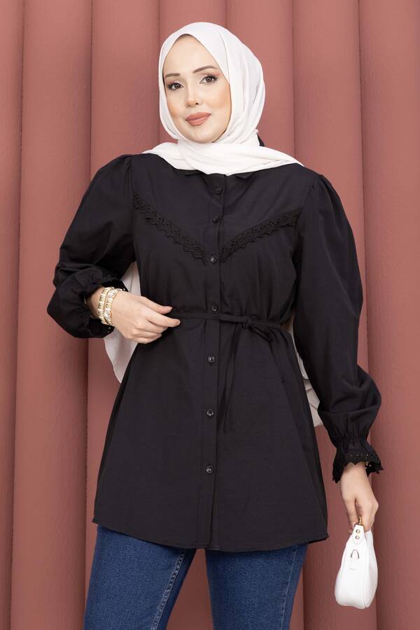 Asm - Fisto Detaylı Bağcıklı Gömlek Siyah (1)
