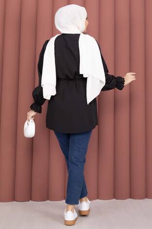 Fisto Detaylı Bağcıklı Gömlek Siyah - Thumbnail