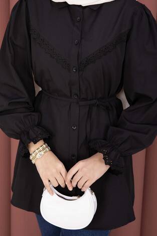 Fisto Detaylı Bağcıklı Gömlek Siyah - Thumbnail