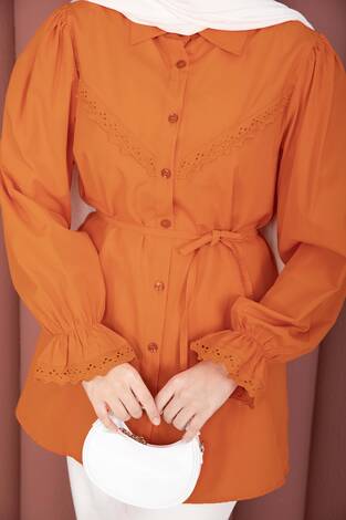 Fisto Detaylı Bağcıklı Gömlek Turuncu - Thumbnail