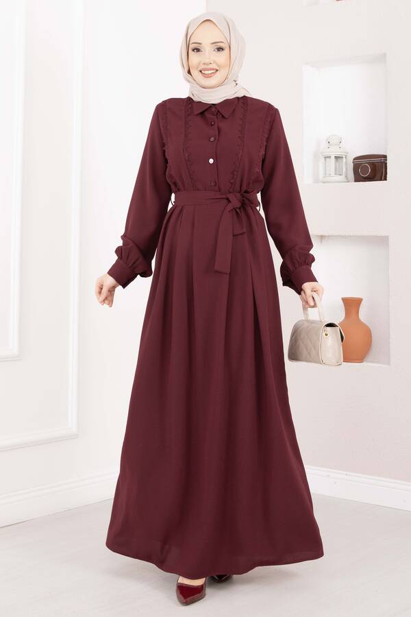 Asm - Fisto Detaylı Kuşaklı Tesettür Elbise Bordo