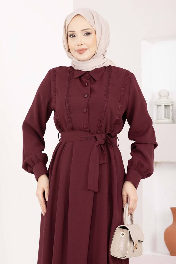 Asm - Fisto Detaylı Kuşaklı Tesettür Elbise Bordo (1)